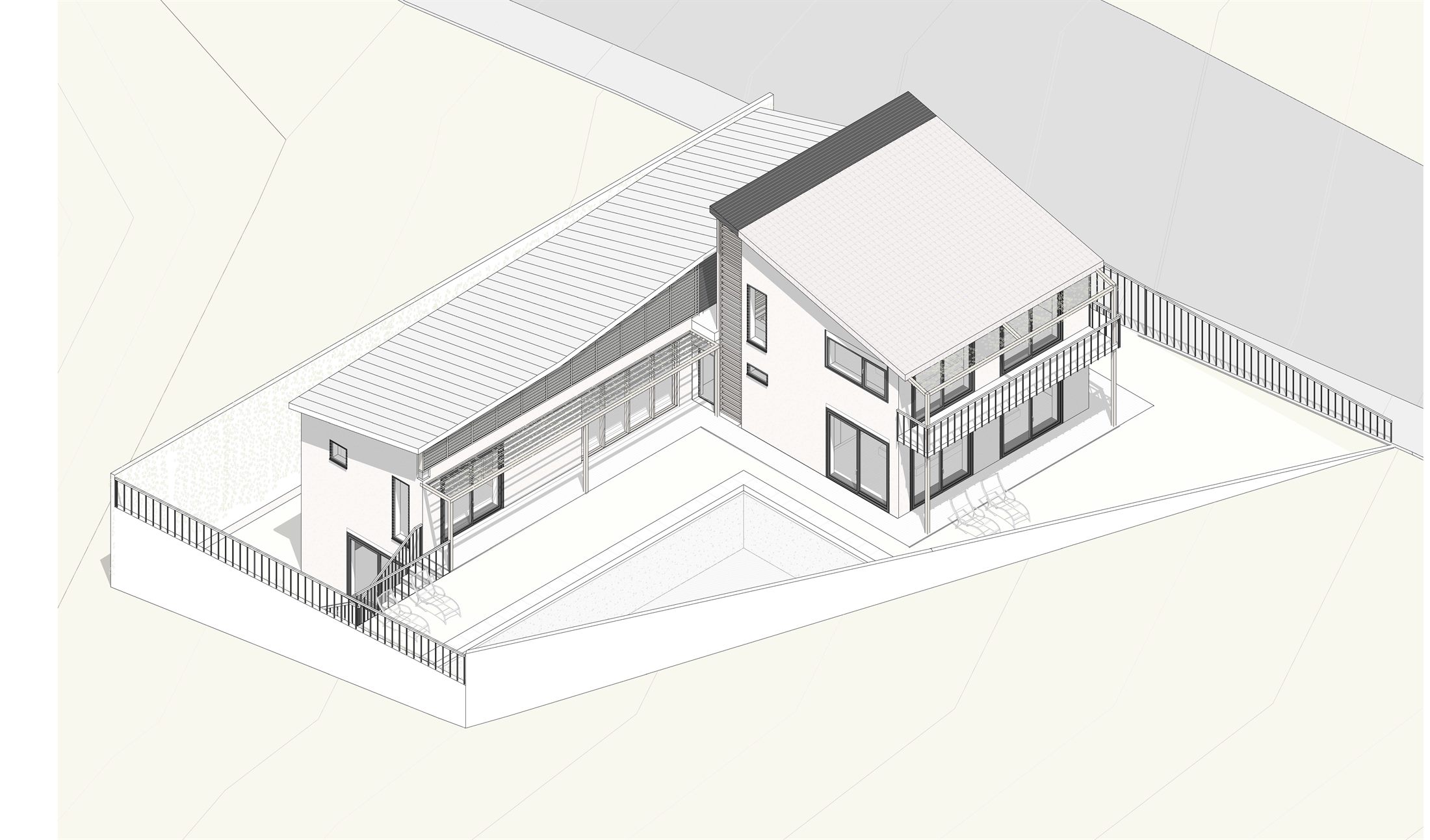 L-House — axonometría desde el jardín