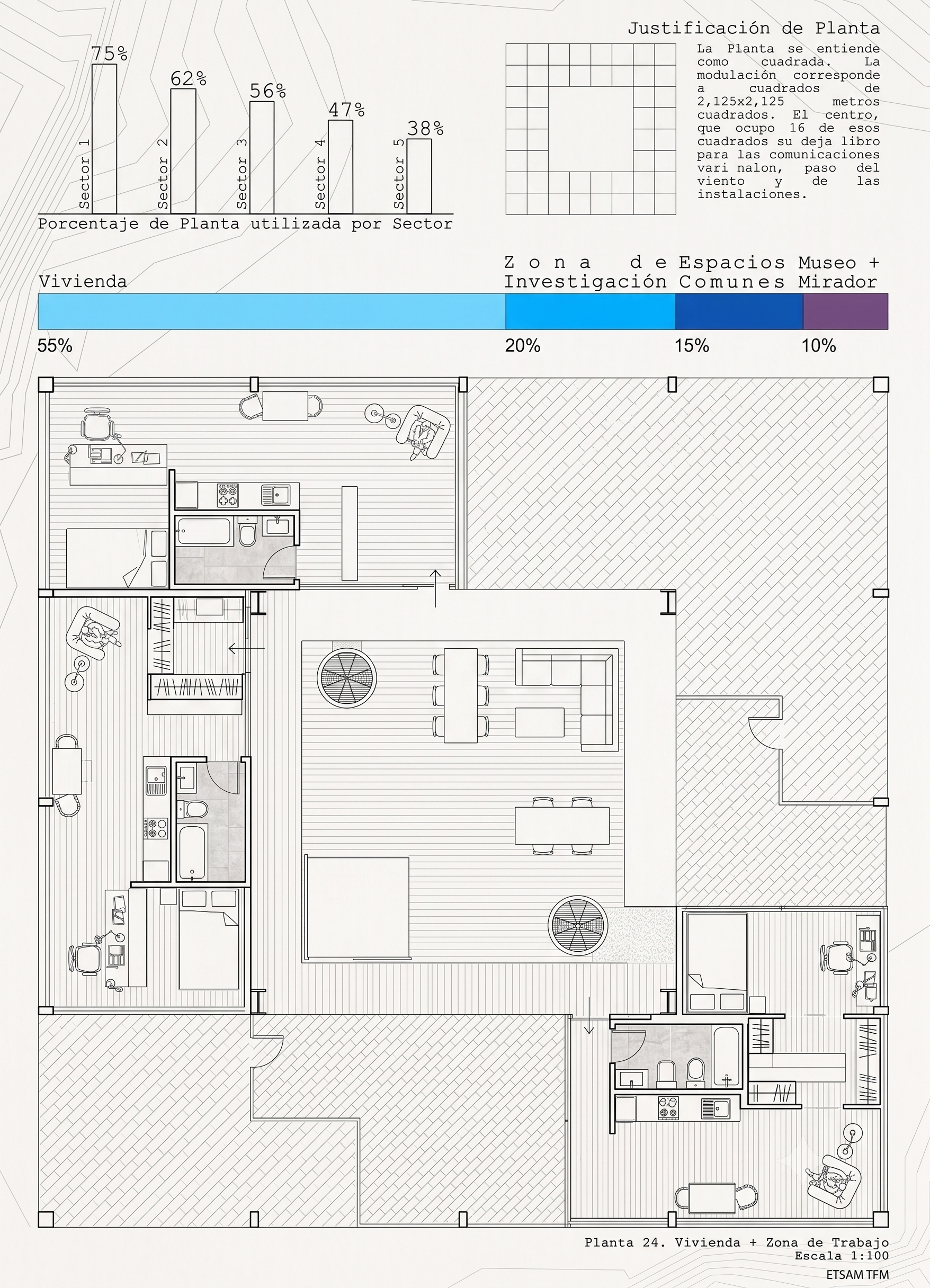 Planta tipo: vivienda y zona de trabajo