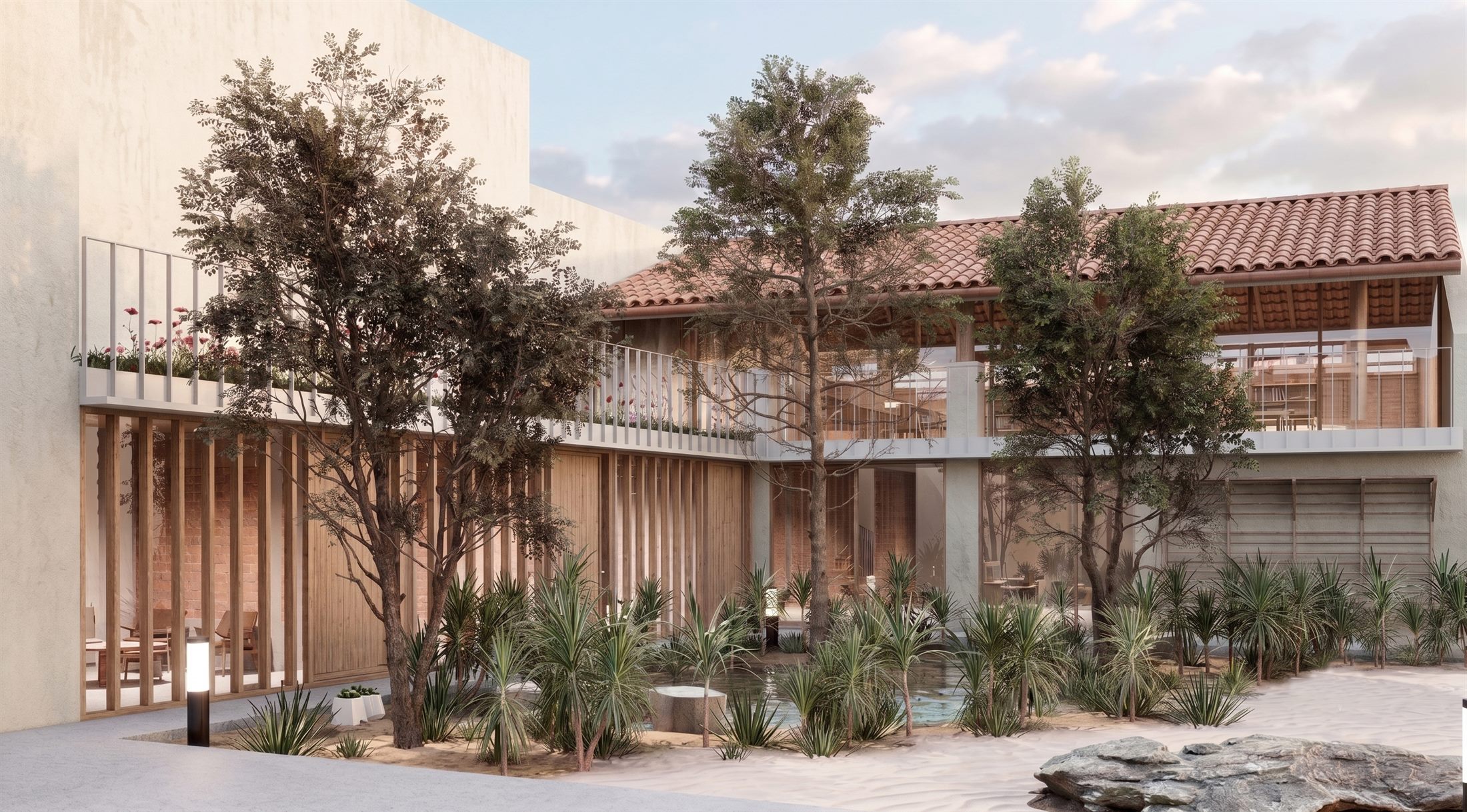 Render del patio con agua y celosías