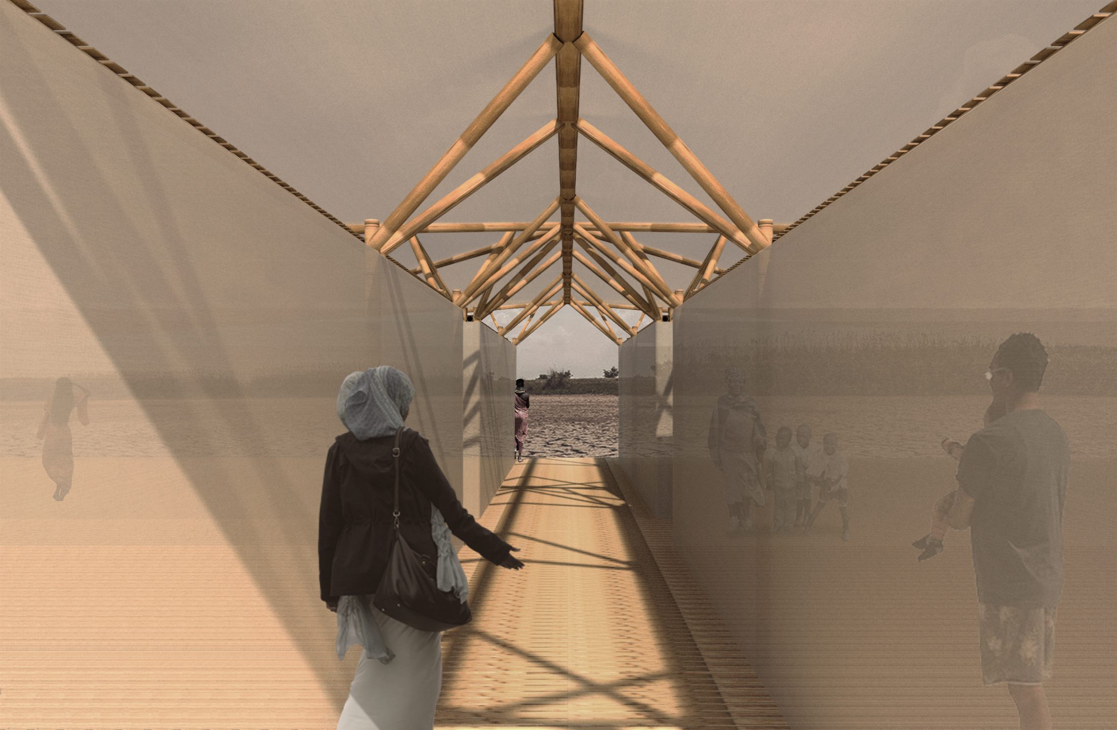 Acceso bajo la estructura de bambú